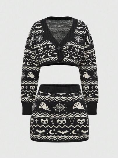 Goth Conjunto de 2 piezas de punto jacquard con calavera y fantasma en estilo gótico oscuro vintage: Cárdigan corto + Minifalda, Halloween