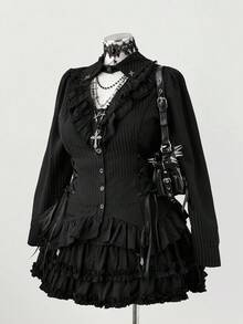 Sunspun Blusa de manga larga con cuello hueco asimétrico y volantes en el bajo, para mujer de talla grande, ropa de otoño - Negro - Ver 3