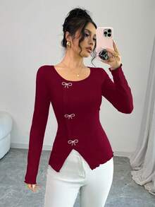 SHEIN Elenzya 女士蝴蝶结装饰简约长袖T恤，春季日常休闲穿着 - 酒紅色 - 查看 7