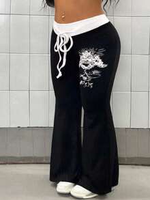 Maweii 大码女装秋冬常规街头风腰部抽绳撞色印花修身喇叭裤，黑白拼接 - 黑色 - 查看 3