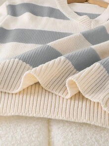 SHEIN Tween Girls Sweaters 1pc Chic Blue And White Stripe,Autumn,Casual,Holiday,Back-To-School Knit V-Neck Long Sleeve Cropped Pullover,Thick Textured Knit - Grey - View 6