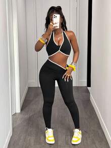 Slaydiva Women Solid Color Splicing Sleeveless Simple Top And Long Pants Yoga Color Blocking Sports Suit Workout Women Set Women Leggings Set Gym Women Outfit - Black - View 7