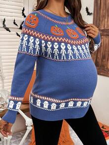 SHEIN Umstandspullover mit Kürbismuster für den Herbst, Rundhalsausschnitt, Raglanärmel, Lässig - Verschiedenfarbig - Übersicht 3