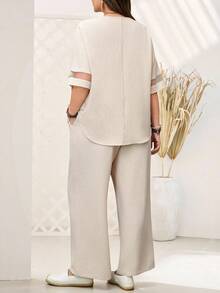 EMERY ROSE Plus Size Vacation Casual Mesh Splice Batwing Top And Pants 2 Pieces Set,Spring Outfits For Women,Tropical Vacation Woman Clothes