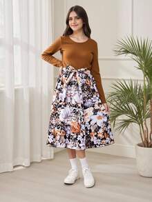 SHEIN 少女花卉印花长袖束带连衣裙，适合节日、夏季、旅行