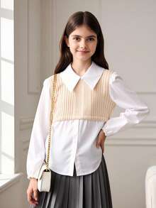 SHEIN Áo sơ mi dài tay cổ Peter Pan phong cách đại học giản dị cho bé gái tuổi teen màu tương phản - Màu be - Xem 3