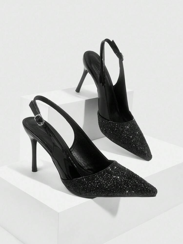CUCCOO SZL Zapatos de tacón alto de punta fina para mujer, de PU con brillo negro y tela de empalme, cómodos para uso diario, fiestas y banquetes, con diseño de correa con hebilla