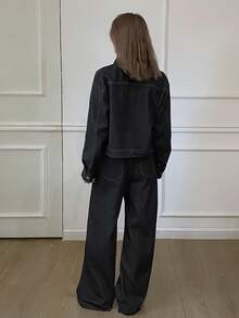 DAZY Women's Denim Jacket With Collar And Loose Straight Leg Jeans Set, Casual Y2k - Dark Wash - View 5