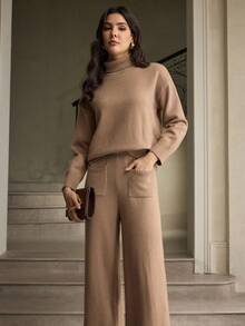 ZEYLAH Women's Turtleneck Sweater And Knitted Pants With Pockets 2 Pieces Set, Autumn/Winter - Camel - View 4