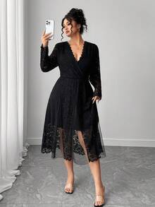Elenzga Vestido midi elegante de encaje de unicolor talla grande, adecuado para ir al trabajo - Negro - Ver 5