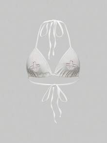 ROMWE Avant Halloween Cosplay Nurse Wireless Velvet Cross Lace-Up Bra For Women - White - View 2