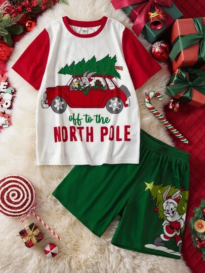 LOONEY TUNES X SHEIN Tween Boy Christmas Letter & Cartoon Pattern Short Sleeve T-Shirt And Shorts Set