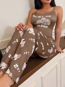 SHEIN 2pcs Cute Koala Print Camisole & Pants Pajama Set - Multicolor - View 5