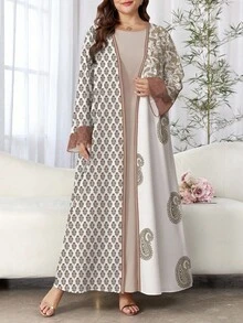 SHEIN Najma 大码女式复古佩斯利印花长袖休闲阿拉伯长袍，适合春秋季节 - 彩色 - 查看 1