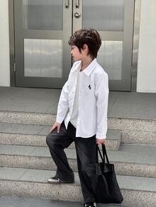 Mirajuku Tween Boy's Embroidered Horse Casual Loose Fit Long Sleeve Shirt, Spring Summer - White - View 3