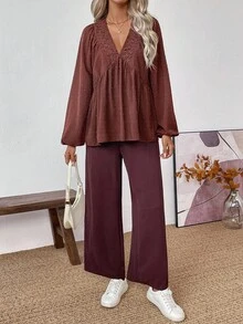 EMERY ROSE 2 piezas Conjunto de top de manga larga con cuello en V profundo y volantes y pantalones rectos de tela texturizada marrón, adecuado para viajes, ir al trabajo, estilo occidental, otoño/invierno de mujeres - Marrón - Ver 8