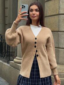 DAZY Cardigan Sweater Wanita Kasual Warna Polos Leher V, Musim Gugur untuk Sekolah - Khaki - View 4