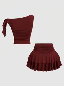 Sweetra Women's Summer Bronze Metallic Floral Camisole & Pleated Layered Mini Skirt Set - Burgundy - View 2