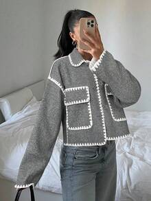 SHEIN EZwear 女士休闲撞色短款外套，秋冬季 - 淺灰色 - 查看 1