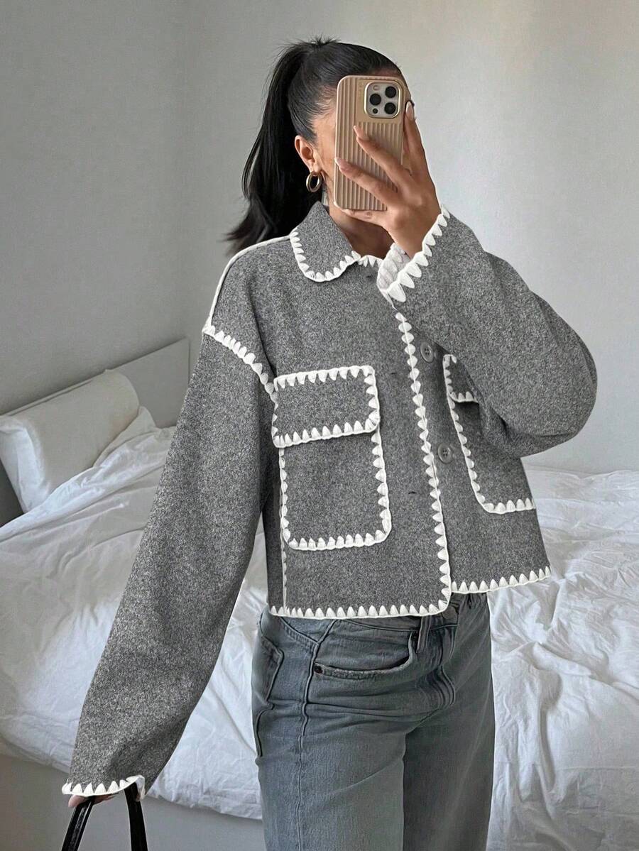 SHEIN EZwear 女士休闲撞色短款外套,秋冬季 - 淺灰色 - 查看 1