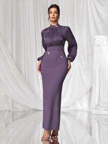 Coutiva Vestido de noche de lujo, vestido formal elegante con cuello alto, manga larga y adornos de strass - Morado - Ver 4