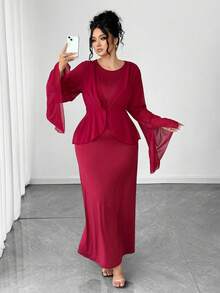 Elenzga Elegantes Kleid in Große Größen für Damen mit rundem Ausschnitt, asymmetrischen Ärmeln, figurbetonter Passform, Chiffon-Patchwork und Schlitz am Rücken - Bordeaux - Übersicht 6