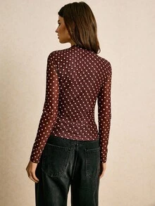 Poéselle Polka Dot Top, Ruched Long Sleeve Top , Chic Y2K Night-Out Layer, Women's Stand Collar Polka Dot Long Sleeve T-Shirt, Mesh Top, Fall Fashion, Y2k Party Top, Suitable For Daily Wear, Going Out, Commuting, Dating, Home And Other Occasions - Brown - View 7