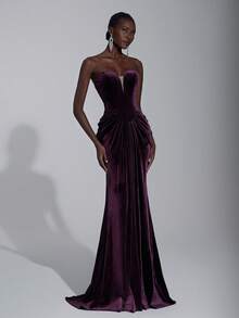 Elitara Thanh lịch, Sang trọng, Thời trang, Gợi cảm, Màu đỏ tía, Vải nhung, Cúp ngực, Viền váy đuôi cá, Xòe, Thích hợp cho kỳ nghỉ, Sự kiện đám cưới, Tiệc độc thân, Váy dạ hội trang trọng, Váy dạ hội trang trọng - Màu tím đậm - Xem 2