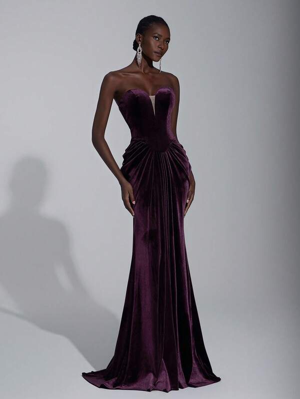 Elitara Elegant, Luxurious, Fashionable, Sexy, Burgundy, Velvet Fabric, Bust Cup, Fishtail Skirt Hem, Trailing, Suitable For Vacation, Wedding Events, Bachelorette Party, Formal Ball Gown, Formal Dinner Dress