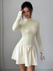 Elenzga 女式2025秋季优雅高端修身纹理面料长袖迷你连衣裙 - 淡黃色 - 查看 6