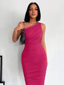 EURMUSE 1pc Women's Minimalist Solid Color Pleated Asymmetric Neck Midi Dress - Hot Pink - View 5