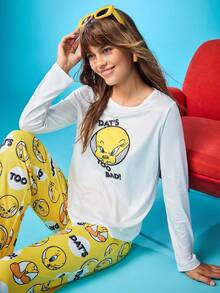 Chillnights X LOONEY TUNES Women's Cute Tweety Bird Cartoon Pattern Comfortable Long Sleeve Top & Pants Pajama Set, Fall Winter Clothes - Multicolor - View 4