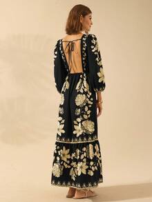 CAJUNI 女士热带花卉印花V领长袖露背长裙，度假风格 - 黑色 - 查看 2