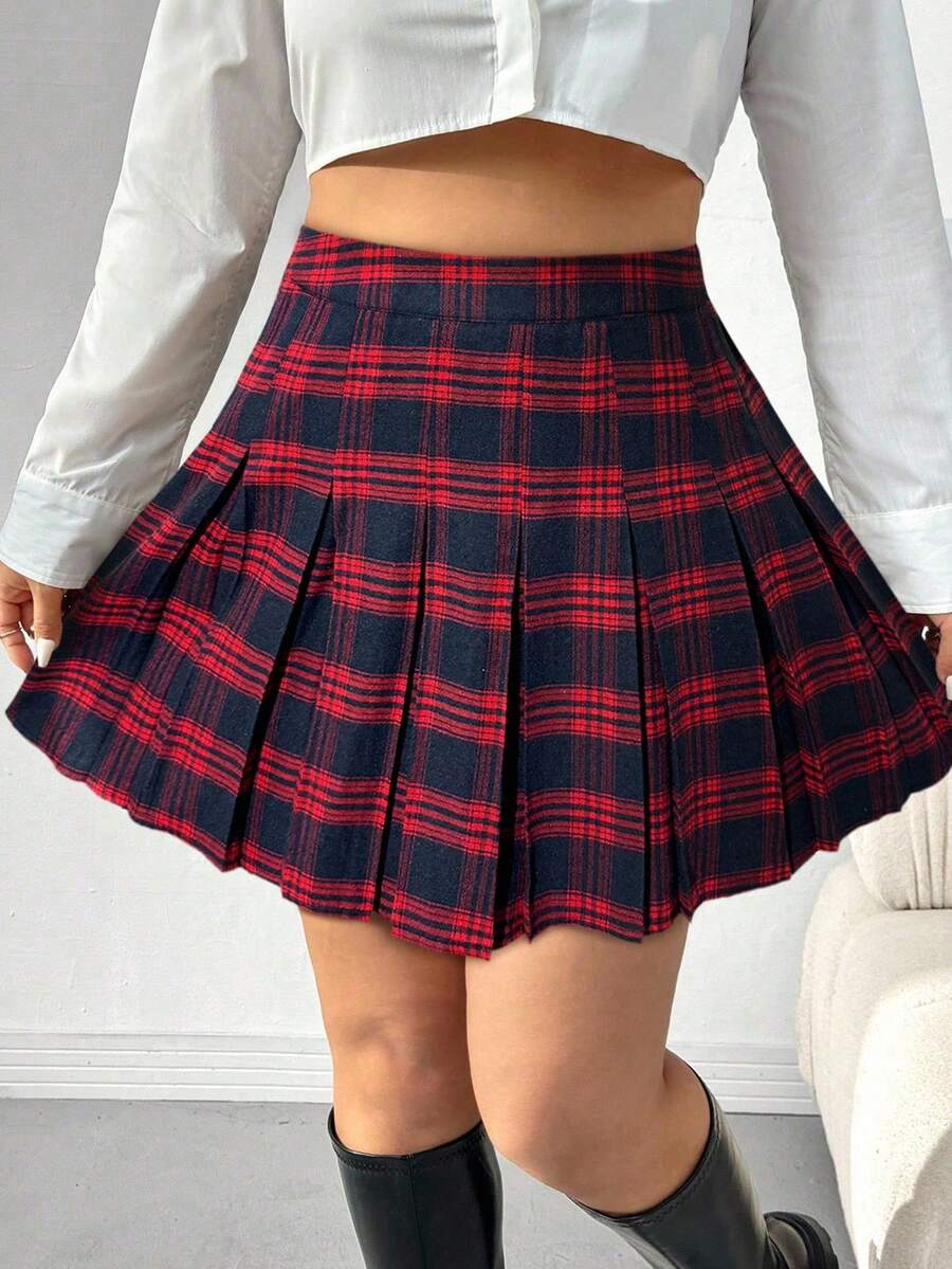 SHEIN EZwear 大码复古格子褶皱 A 字裙 - 彩色 - 查看 1