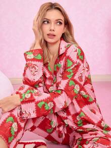Strawberry Shortcake X SHEIN 女士草莓卡通图案长袖上衣和裤子睡衣套装，秋冬服装 - 紅色 - 查看 1
