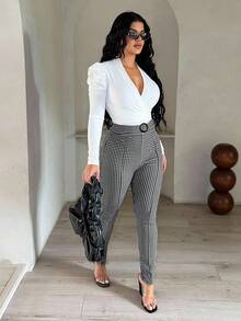 SHEIN SXY 女士时尚商务休闲格子紧身裤 - 黑與白 - 查看 3