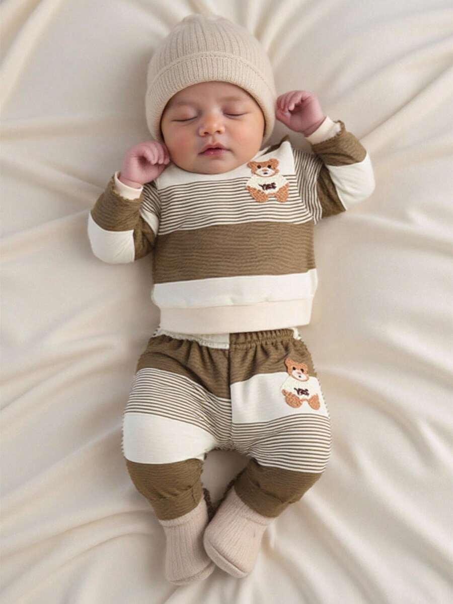SHEIN Autumn New Arrival Newborn Baby Striped Contrast Color Top, Cute Bear Embroidery Soft & Comfy Shoulder Button Casual Baby Clothes Fall Winter