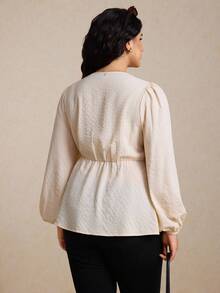 Elaquor Blusa Sólida com Decote em V e Cintura Torcida em Linha A para Mulheres Plus Size, Básica Minimalista, Todas as Estações - Damasco - Visão 2