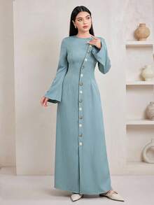 Veilorie Women's Simple Solid Color Long Sleeve Arabic Dress For Daily Wear - Green - View 2