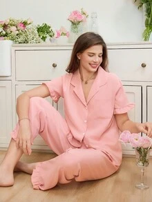 Ruffle Trim Pocket Patched PJ Set / Pajama Set