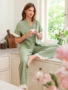 Snug Reverie Women's Contrast Color Ruffled V-Neck Short Sleeve Top & Pants Pajama Set Lounge Set - Green - View 7