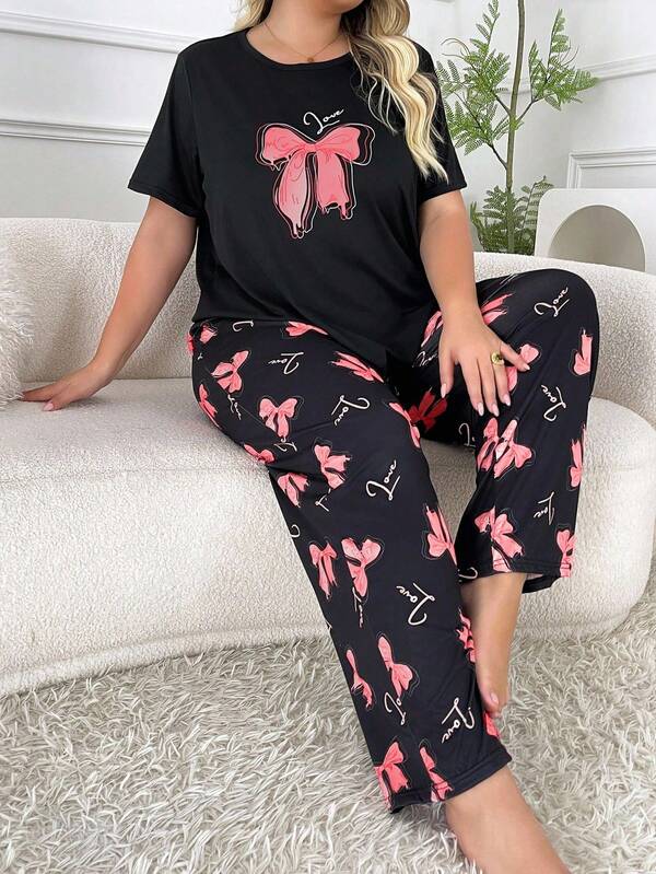 SHEIN Bow Print Casual Short Sleeve & Long Pants Sleepwear Set, Plus Size