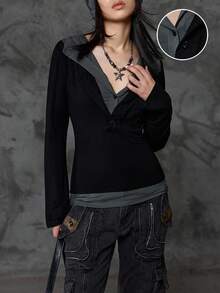 Bloopia 韩版活力女装秋冬万圣节休闲通勤畅销修身长袖拼接多层连帽卫衣上衣 - 彩色 - 查看 8