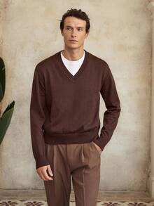 Manfinity Homme Áo len cổ chữ V màu trơn đa năng thường ngày cho nam Áo len tông màu đất Áo len nam màu nâu, Thu Đông - Nhiều màu - Xem 3