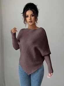 Selianne 女式不对称蝙蝠袖圆领休闲优雅针织毛衣上衣，适合春秋冬季度假和节日穿着 - 咖啡棕 - 查看 3