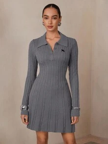 Modelyn Váy dệt kim dài tay cổ polo thêu hình ngựa đi làm cho nữ - Xám - Xem 3
