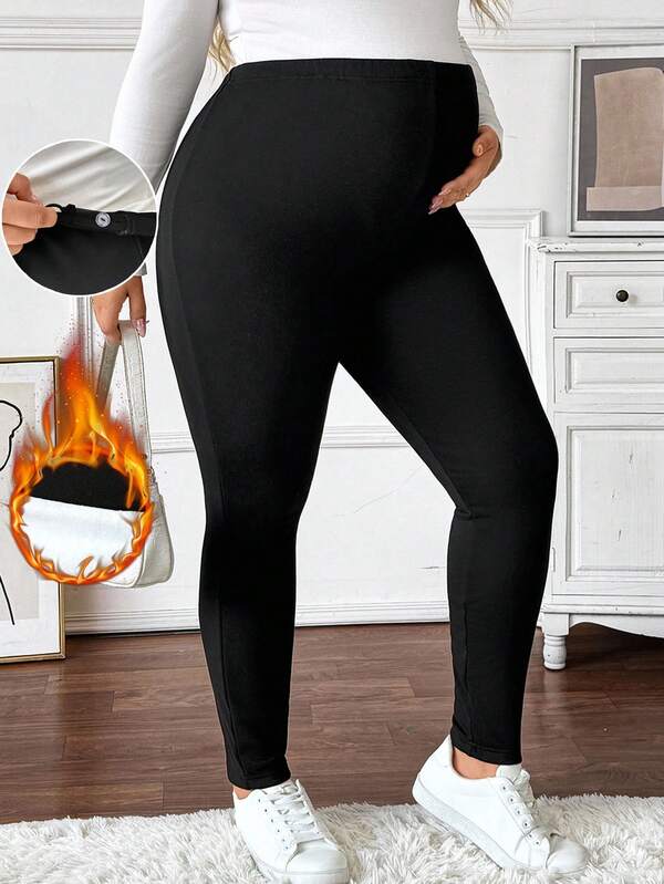 SHEIN Plus Size Maternity Bottoms, Solid Color, Casual, Comfortable, Stretchy, Slim Fit