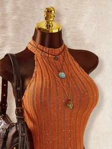 Amplova 女士时尚性感侧开衩露背迷你度假连衣裙 - 橘色 - 查看 5