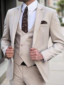 Calvornis 男士商务休闲通勤简约长袖优雅米色正式修身婚礼西装外套，Old Money - 杏色 - 查看 3