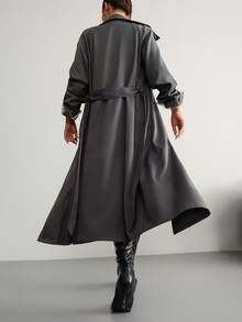 Aidyla Autumn Woven Loose Fit Cinched Waist Lapel Fashion Trench Coat, Grey Long Sleeve - Grey - View 6
